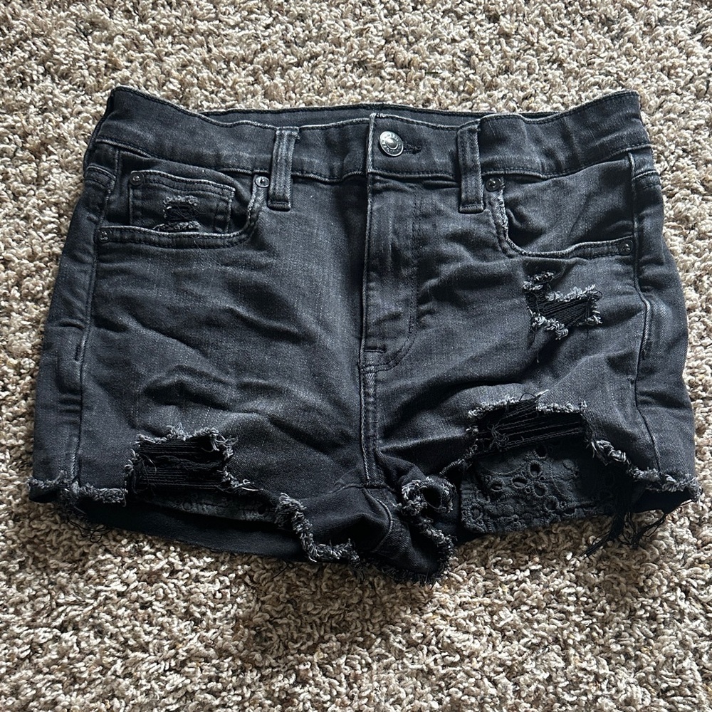 American Eagle Outfitters Black Distressed Lace-Panel Denim Shorts